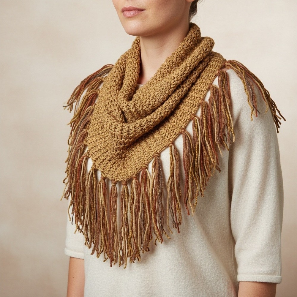 NEW‎ Hand Knitted Tan Camel Boho Cowl Scarf Fringe Hippie Earthy Artsy Indie Mod